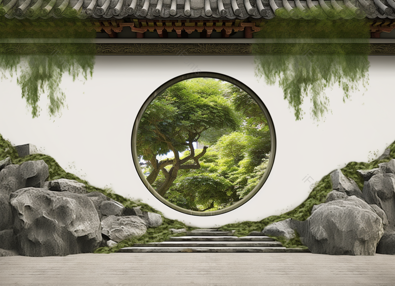 苏式园林院子中的白墙拱门假山植物,手绘插画,高清,摄影图,摄影图片,图片大全,摄影图免费下载